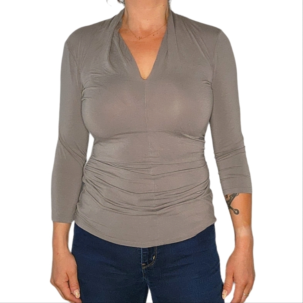 Vince Camuto Quarter Sleeve V Neck Stretch Top Grey Size Small